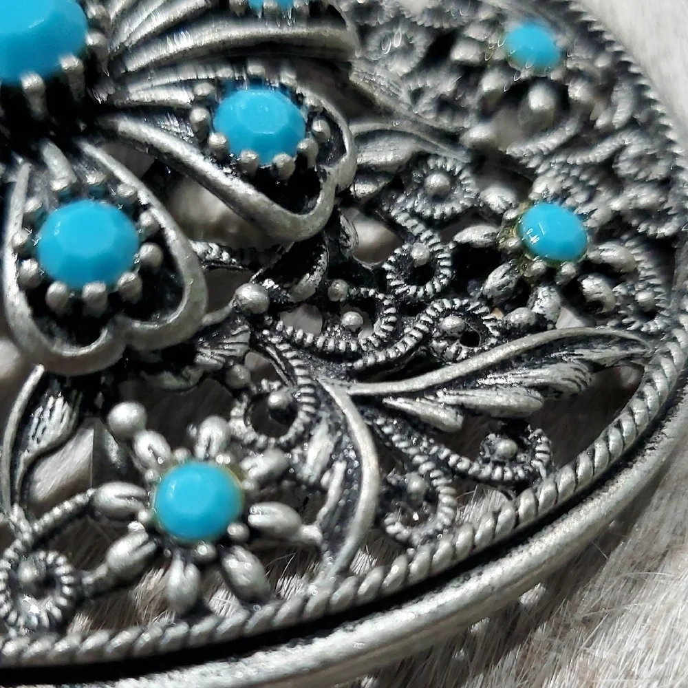 Western Silver and Turquoise Ornate Belt Buckle Rodeo Cowgirl Country Thunder